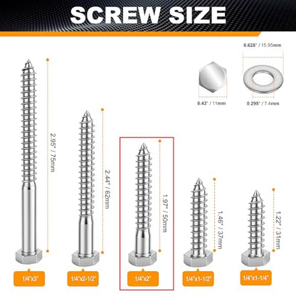 Hex Head Lag Bolts for Wood, Lag Screws 1/4" x 2",25 PCS - size: 1/4" x 2"