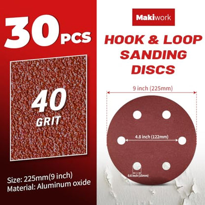 30PCS 9-Inch 6-Hole 40 Grit Hook & Loop Sanding Discs – Heavy-Duty Aluminum Oxide Sandpaper for Drywall Sander, Paint Removal, Wood & Metal Surface Prep - style: 6 Hole