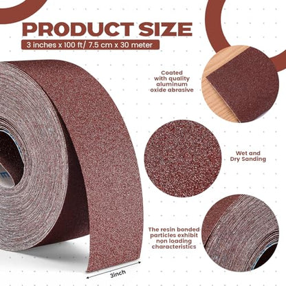 80 Grit Sandpaper Roll 3''x100 ft Long Continuous Emery Cloth - size: 80 Grit