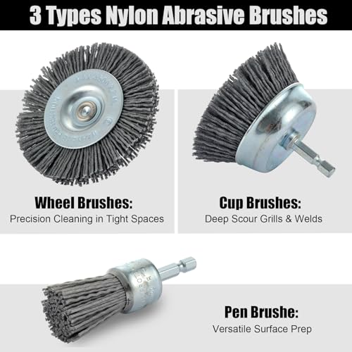 MAXMAN Nylon Drill Brush Set, Abrasive Wheel &Cup Brush, Rust/Paint Remover