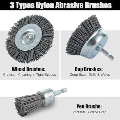 MAXMAN Nylon Drill Brush Set, Abrasive Wheel &Cup Brush, Rust/Paint Remover