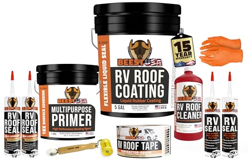 BEEST RV Roof Repair Kit Includes: Roof Coating 5G, EPDM Primer 1G, RV Cleaner 32 Oz, Non-Sag Lap sealant, Self-Leveling Lap Sealant, Seam Roller, Seam Tape & Gloves| Repair & Maintenance Bundle - style: 5G-RV-Roof Kit