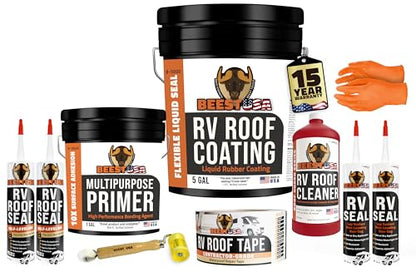 BEEST RV Roof Repair Kit Includes: Roof Coating 5G, EPDM Primer 1G, RV Cleaner 32 Oz, Non-Sag Lap sealant, Self-Leveling Lap Sealant, Seam Roller, Seam Tape & Gloves| Repair & Maintenance Bundle - style: 5G-RV-Roof Kit