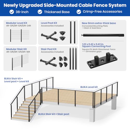 BLIKA 36"Slim Side Mount Cable Railing Post Level Drilled Fascia Mount Post - color: Side Mount Level Post (1PC)