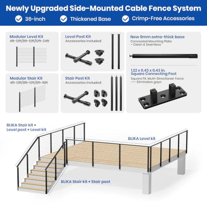BLIKA 36"Slim Side Mount Cable Railing Post Level Drilled Fascia Mount Post - color: Side Mount Level Post (1PC)