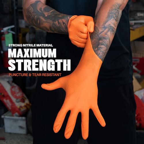 GRIPXX Herkules Grip Heavy Duty 8Mil Nitrile Gloves,3D Raised Diamond Texture-Latex & Powder Free-Industrial, Mechanic - color: Orange, size: X-Large