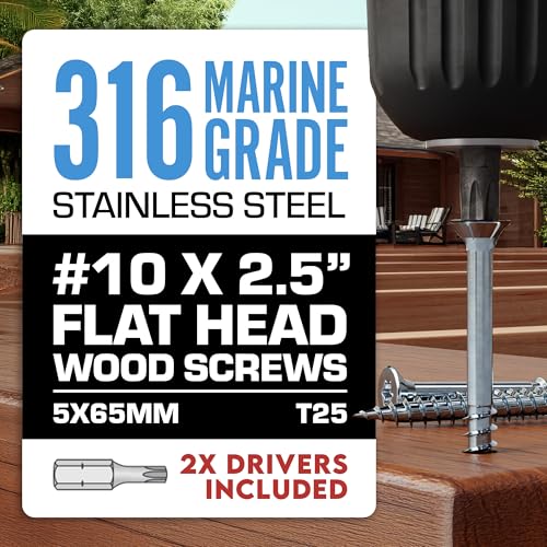 Allen's Trading Co. #10 x 2.5 Inch 316 Stainless Steel Screws Marine Grade (1500 Pack, T25 Star) | Stainless Steel Wood Screws w/Driver Bit | High Corrosion Resistance for Coastal Construction - size: 10 x 2.5 Inch