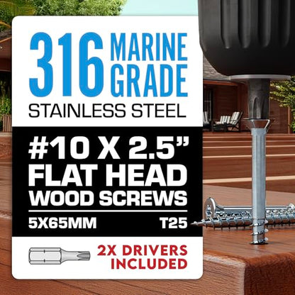 Allen's Trading Co. #10 x 2.5 Inch 316 Stainless Steel Screws Marine Grade (1500 Pack, T25 Star) | Stainless Steel Wood Screws w/Driver Bit | High Corrosion Resistance for Coastal Construction - size: 10 x 2.5 Inch