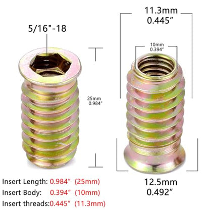 50 Pcs 5/16"-18x25mm Threaded Inserts for Wood for Furniture Reinforcement - size: 5/16"-18x25mm
