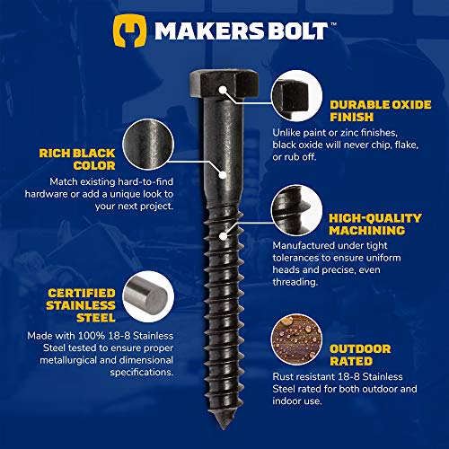 3/8" x 3-1/2" Stainless Steel Hex Lag Bolts (10 pcs) Black Oxidized in USA by Makers Bolt - size: 3/8 x 3-1/2 (10 pcs)
