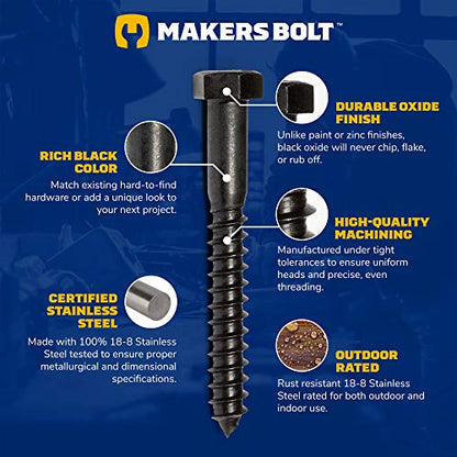 3/8" x 3-1/2" Stainless Steel Hex Lag Bolts (10 pcs) Black Oxidized in USA by Makers Bolt - size: 3/8 x 3-1/2 (10 pcs)