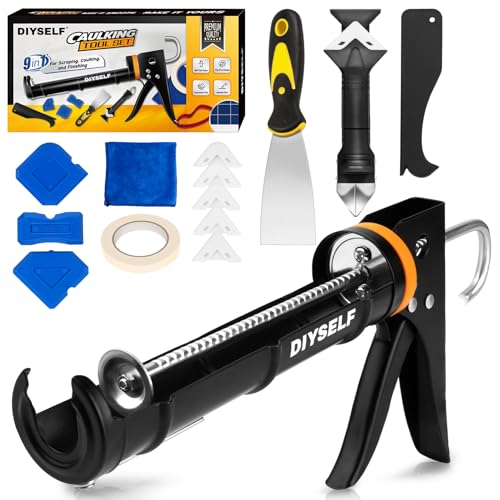 DIYSELF 9 Pack Caulk Gun Kit, Professional Caulking Gun & Remover Tools - color: Black (9 Pcs Kit)