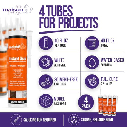 À LA MAISON CEILINGS Instant Grab White Adhesive - Ceiling Tile Wall Panel & Crown Molding Adhesive - High-Strength Water-Resistant Glue for Indoor/Outdoor Use - Easy-Apply Quick-Bond Formula (4-Pack) - size: Pack of 4
