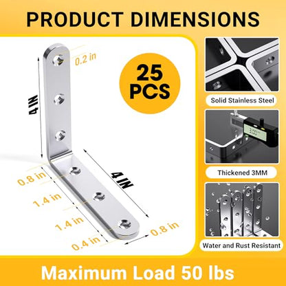 25Pcs Stainless Steel Angle Brackets 4”x 4” Heavy Duty Corner Brackets - size: Silver-4x4 Inch
