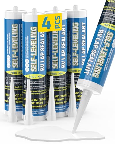 PAULINN Self Leveling Lap Sealant White, RV Roof Sealant for Camper Repair, RV Caulking, Rubber Roof EPDM, Flexible, UV & Waterproof, no Smell and Safe for RV Indoor use, 4 Packs