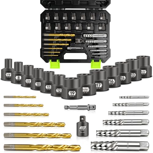 27-Piece Bolt Extractor kit, Easy Out Screw Extractor Set with Left Hand Cobalt Drill Bits, Hex Adapter, 1/2" F to 3/8" M Reducer for Broken, Damaged, Rusted, Rounded-Off Bolts, Nuts
