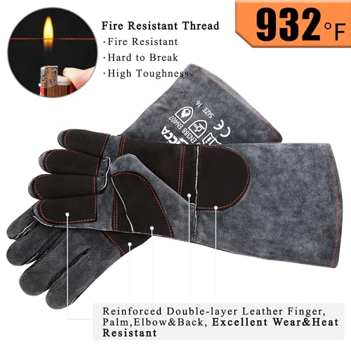 RAPICCA Fireplace Fire Pit Gloves, 932°F Fireproof Leather, 16in Dark Grey - color: Dark-grey(length 16in)