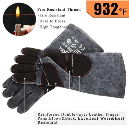 RAPICCA Fireplace Fire Pit Gloves, 932°F Fireproof Leather, 16in Dark Grey - color: Dark-grey(length 16in)
