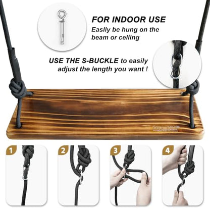 Carbonized Wooden Tree Swing with Adjustable Climbing Rope & Tree Straps - color: Brown