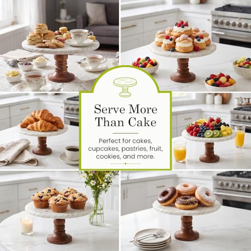 Go Home White Marble Cake Stand with Wooden Base – Elegant Round Cake Stand