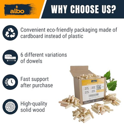 ALBO 100 Pcs. Fluted Wood Dowel Pin Kit, 1/4, 5/16, 3/8 & 1/2 Inch - size: Set 100pcs 1/2 + 3/8 + 5/16 + 1/4 inch