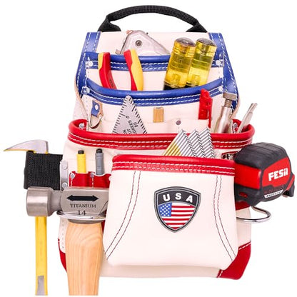 FESA Leather Carpenter Tool Pouch - 10-Pocket Heavy Top Grain Leather Carpenter Pouch with 2 Hammer Loops, Large & Small Pockets - Fits Work Belts up to 3" - Handcrafted - Country-Themed - color: White - USA