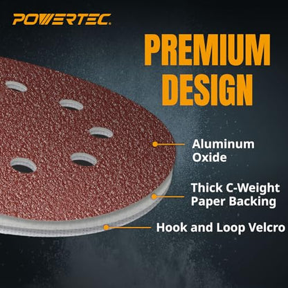 POWERTEC 100PK, 320 Grits, Sanding Discs 5 Inch - Hook and Loop, 5 Inch 8 Hole Aluminum Oxide Sandpaper Discs, Woodworking Sanding Pads for Random Orbital, Palm, Air, DA & Pneumatic Sander (45032-P4) - style: 320 Grit, 100PK