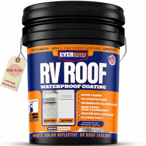Everbond RV Roof Waterproof Sealant - Solar Reflective Weatherproof Coating for Trailers, Campers, Roof and Leak Repairs - Easy Application, Indoor & Outdoor Use - White, 4.75 Gallon Bucket - style: 4.75 gallons