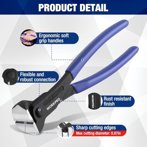 WORKPRO 8 Inch Nail Puller, End Cutting Pliers - Black Finish CR-V Steel - size: Large