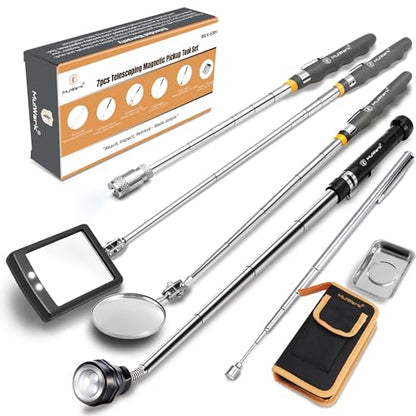 Mulwark 7-Piece Telescoping Magnetic Pickup Tool Set, Versatile Magnet Tool with 1lb & 5lb Magnet Sticks, 360° Swivel Inspection Mirror & Parts Tray, Ideal Gifts for Men, Dads, Mechanics - size: 7pcs Large