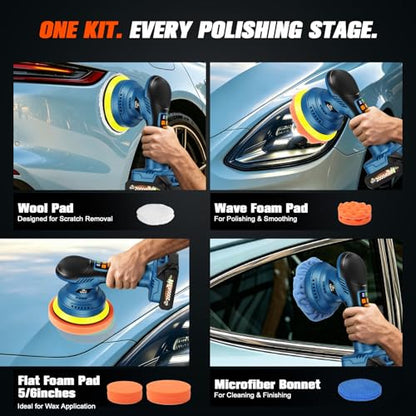Cordless Car Buffer Polisher, 8-Speed, 2*21V 2000mAh Batteries - color: Blue