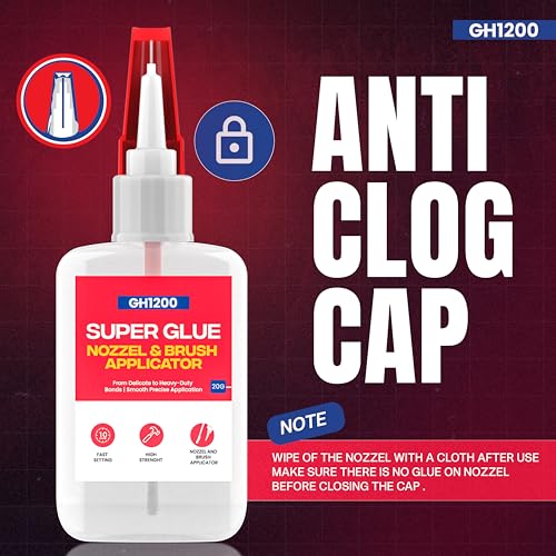 GH1200 2 PCs (2-in-1) Super Glue with Brush Applicator & Nozzle, Mess Free Superglue Brush, Instant Never Dries, 3000 CPS Ca Glue, No Stain Clear Glue, Super Glue for Plastic, Rubber & More - style: 20g x 2Pcs Super Glue Brush & Nozzle