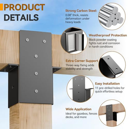 4 Pcs 4x4 Pergola Brackets for Wood Post - 14 Gauge Steel Post Top Rafter Connector 4x4 for Gazebos, Deck, Pergola Connectors Actual Size 3.5" X 3.5"