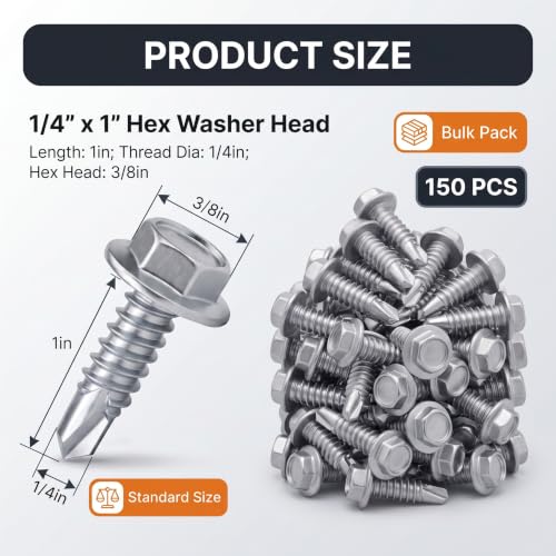 1/4" x 1" Self Tapping Screws for Metal with 3/8” Hex Washer Head, 150PCS