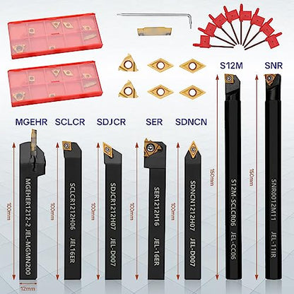 Indexable Lathe Turning Tool 21Pcs Kit 1/2'' 12mm Shank 7 Pcs Metal Lathe Tool Holder Set with 14 Pcs Turning Inserts for Turning Grooving Threading Boring Carbide Inserts Carbide Turning Tool - style: 7pcs 1/2" 12mm holder+14pcs inserts