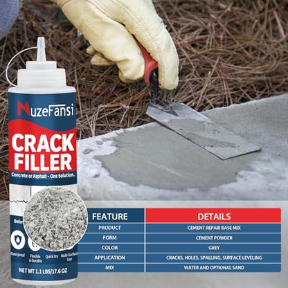 Concrete Crack Filler, Concrete Crack Sealant, 1.1LB Cement Powder for Concrete Crack Filling and Surface Patching, Mix with Water or Sand, Grey Cement Crack Filler for Walls, Floors, Driveways