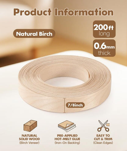 Birch Edge Banding 7/8 Inch x 200 Ft Preglued Iron On Plywood Wood Tape, Premium Birch Veneer Edge Banding, Self-Adhesive Flexible Wood Edging Strip for Shelving and Furniture Repair - color: Birch, size: 7/8 inch X 200 ft