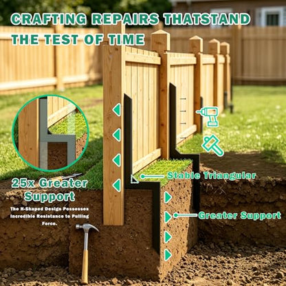 Fence Post Repair Kit, Includes Heavy Duty Fence Posts Repair Stakes, Steel Ground Spikes for Repairing Broken or Tilted Wooden Posts in Yards Farms (4)