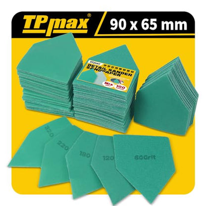 TPmax 100 Pack 90x65mm Detail Sander Sandpaper Compatible with Milwaukee M12, 60/120/180/240/320 Grit Assortment, Heavy Duty Hook & Loop Anti Clogging Polyester Film Sheets - size: Mixed Grit