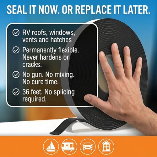 Butyl Tape for RV Roof and Boat, 36 Feet Black Putty Window Sealant Tape - color: Black
