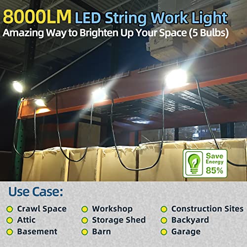 Owleye 50FT Led Work Light 85W 8000LM Waterproof Construction String Lights Linkable Temporary Work Lighting Outdoor Indoor Worklight (5 Light Heads) - size: 50 Ft, 1 pack