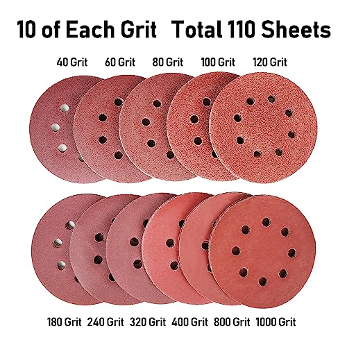 110-Pack 5 Inch 8 Hole Sanding Discs, 40-1000 Grit Hook and Loop Sandpaper - style: 110PCS (40-1000 Grit)