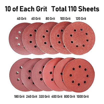 110-Pack 5 Inch 8 Hole Sanding Discs, 40-1000 Grit Hook and Loop Sandpaper - style: 110PCS (40-1000 Grit)