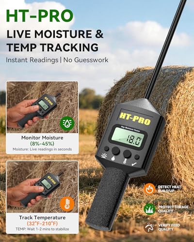 Hay Moisture Tester with 20" Reinforced Probe, Digital Hay Moisture Meter with Temperature Reading for Alfalfa, Hay Bales, Square and Round Bales, Carry Bag Included,Black