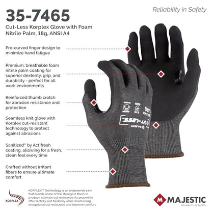Majestic 35-7465/L Cut-Less Korplex Glove with Foam Nitrile Palm, Cut Resistant, Touch Screen Capable, Long Knit Cuff, Pre-Curved Finger Design, Large, Gray/Black (12 Pair) - color: Dark Gray/Black, size: Large, style: A4 Cut Level