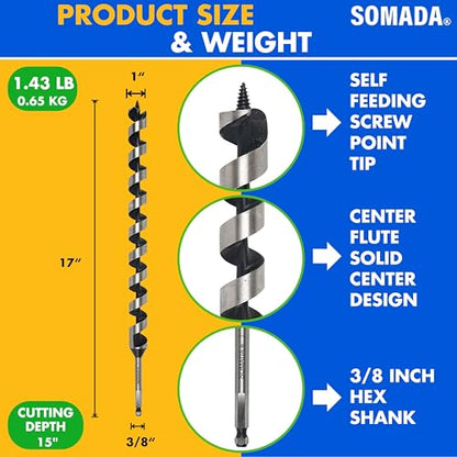 SOMADA 1 in x 17 in Auger Drill Bit, Quick Change Hex Shank, Wood - size: 1"x17" Silver