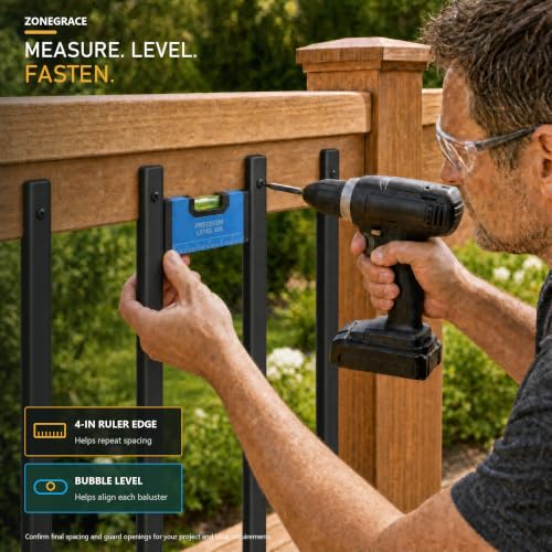 ZONEGRACE 100 Pack 36 Inch Black Deck Balusters, Smooth Oval Metal Spindles and Pickets for Face Mount Wood Porch Patio Railing, with Bubble Level Spacing Gauge, Pre-Installed End Plugs and Screws - size: 36 Inch