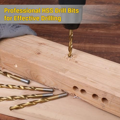 99 Pieces Titanium Twist Drill Bit Set, 135° Tip High Speed Steel, Size from 1/16" up to 3/8", Ideal Drilling in Wood/Cast Iron/Aluminum Alloy/Plastic/Fiberglass, with Hard Storage by HURRICANE - size: 99 Piece Twist Drill Bits Set 135°