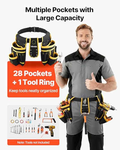 VEVOR Tool Belt, Magnetic Tool Pouch for Men, 28 Pockets Heavy Duty Adjustable Utility Belt Detachable Work Bag for Electrician, Carpenter, Construction, Work Apron Organizer, Waist Adjust 31 to 48in - size: 28 Pockets