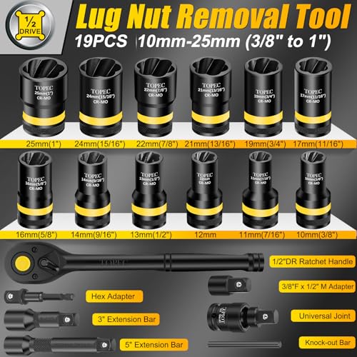 Topec 1/2" Drive Lug Nut Removal Tool, 19-Piece 10-25mm, Impact Lug Nut Extractor Socket Set with Ratchet Handle, Wheel Lock Removal Kit for Damaged, Rounded, Stripped Car Bolt Nuts - size: 19 PCS